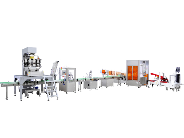 薯片稱重灌裝旋蓋貼標裝箱線